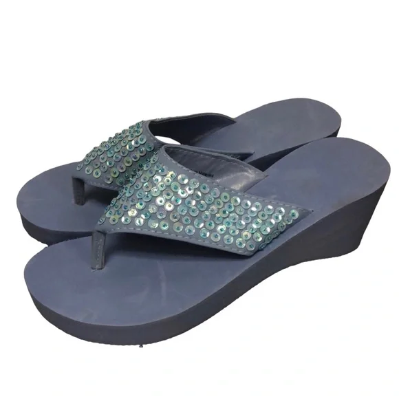 Foam periwinkle blue wedge thongs with sequin size L 9-10 - Picture 1 of 7